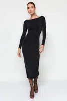 Trendyol černé vypasované pletené elegantní večerní šaty bez podšívky s doplňky