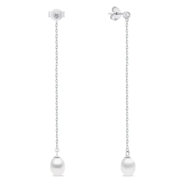 Brilio Silver Slušivé dlouhé náušnice se zirkony a perlou EA1004W