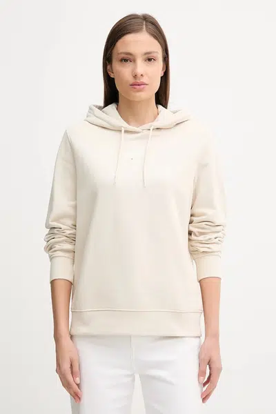 Bavlněná mikina Tommy Jeans dámská, béžová barva, s kapucí, s potiskem, DW0DW20943