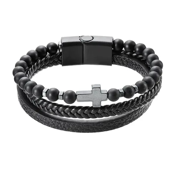 Evolution Group - Pavona Elegantní koženkový náramek s korálky 43044.3 černý 23 cm