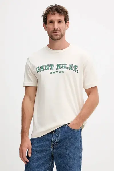 Bavlněné tričko Gant pánské, béžová barva, s potiskem, 2003345