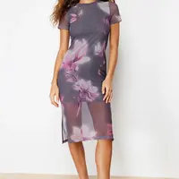 Trendyol Gray Floral Printed Midi Crew Neck Short Sleeve Stretchy Knitted Midi Pencil Dress