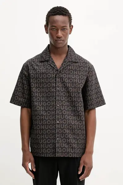 Bavlněná košile HUGO pánská, hnědá barva, regular, 50545377