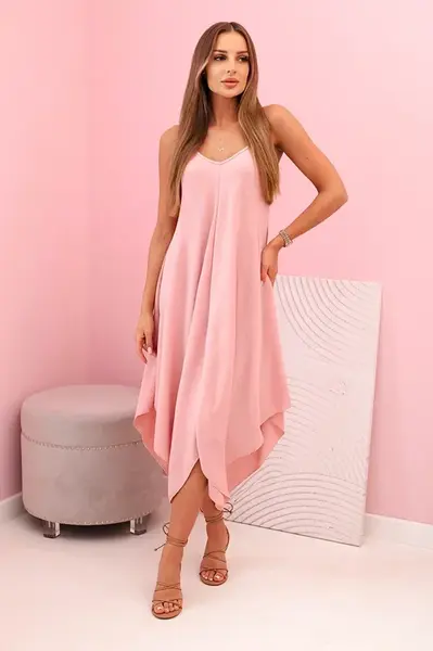 Kesi Włoski Women's dress with straps flared with an asymmetrical hem pudrově růžová