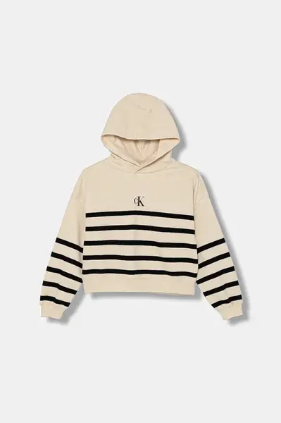 Dětská bavlněná mikina Calvin Klein Jeans béžová barva, s kapucí, vzorovaná, IG0IG02993