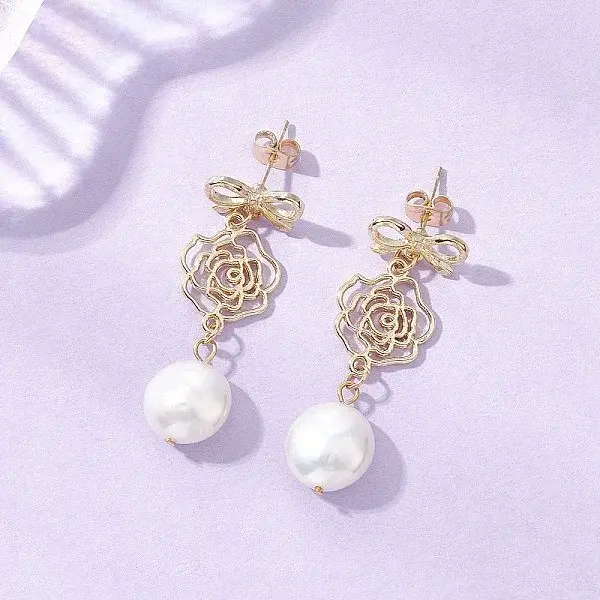 Natural Keshi Pearl Flower with Bowknot Dangle Stud Earrings
