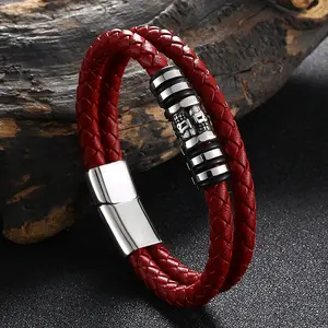 Stainless Steel Skull Beaded Leather Double Layer Multi-strand Bracelet