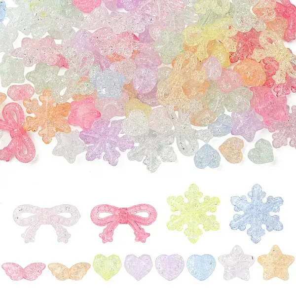 180Pcs 6 Styles Transparent Crackle Acrylic Beads
