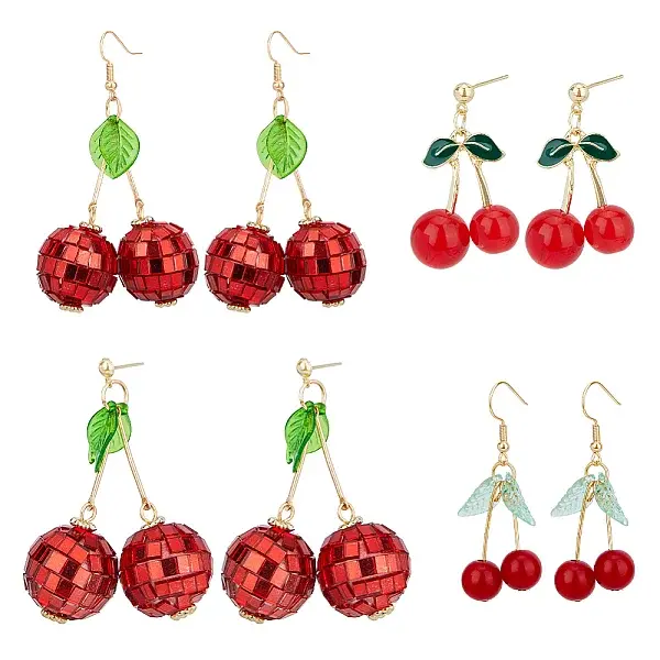 4 Pairs 4 Styles Foam & Glass & Acrylic Cherry Dangle Stud Earrings with Brass Pins