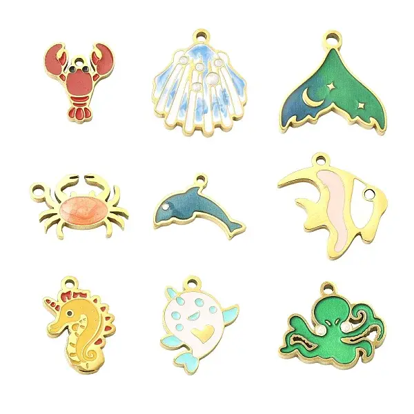 9Pcs 9 Styles 304 Stainless Steel Enamel Pendants