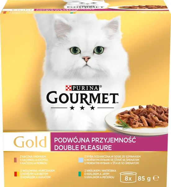 Gourmet Gold konzervy pre mačky hovädzie a kura, králik a pečeň, morské ryby, kačica a morka 8×85 g
