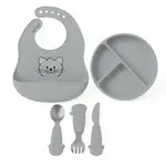 Detský silikónový set FreeON - sivý tanier, príbor a podbradník