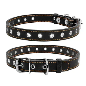 Kožený obojok pre psy s variabilnou dĺžkou čierny, Obvod krku: max 69cm, šírka: 35 mm