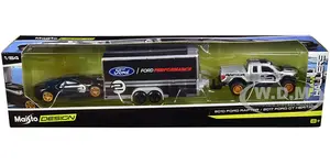 2010 Ford Raptor Pickup Truck Silver Metallic with 2017 Ford GT 2 Heritage Edition Black with Silver Stripes and Enclosed Car Trailer Black "Ford Per