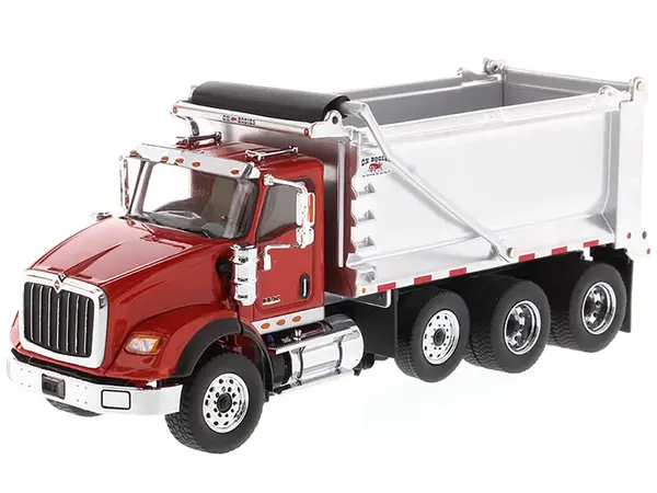 International HX620 Tandem Axle with Pusher Axle OX Stampede Dump Truck Red and Chrome "Transport Series" 1/50 Diecast Model by Diecast Masters