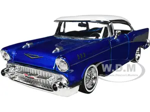 1957 Chevrolet Bel Air Lowrider Candy Blue with White Top "Get Low" Series 1/24 Diecast Model Car by Motormax