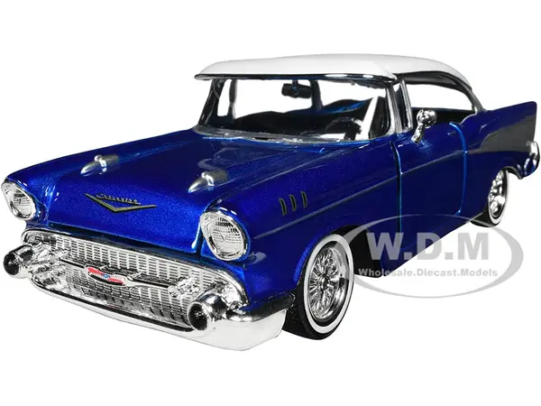 1957 Chevrolet Bel Air Lowrider Candy Blue with White Top "Get Low" Series 1/24 Diecast Model Car by Motormax