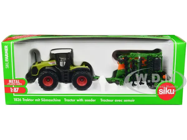 Claas Xerion 5000 Tractor Green with Gray Top and Amazone Cayena 6001 Seeder 1/87 (HO) Diecast Model by Siku