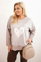 Kesi Włoski Dámska mikina Plus Size bavlnená s potlačou srdca a šnúrkami fango
