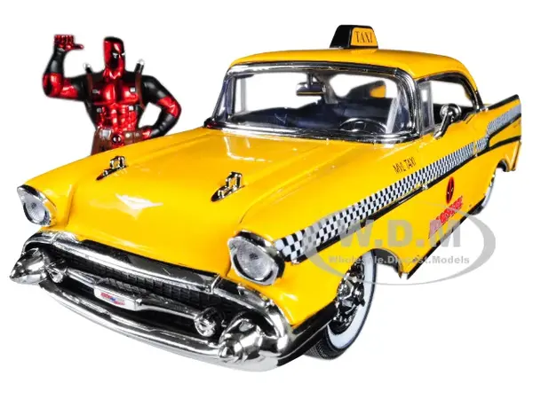 1957 Chevrolet Bel Air Taxi Yellow with Deadpool Diecast Figurine "Marvel" Series 1/24 Diecast Model Car by Jada