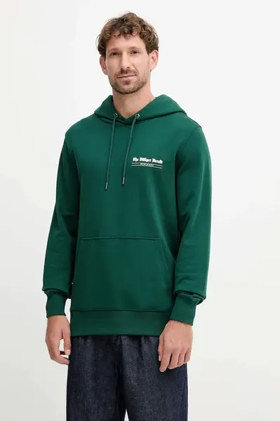 Bavlněná mikina Tommy Hilfiger pánská, zelená barva, s kapucí, s potiskem, MW0MW40065