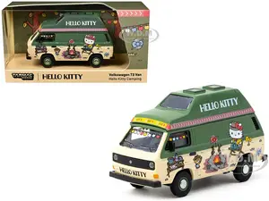 Volkswagen T3 Van "Hello Kitty Camping" Green and Beige with Graphics "Collab64" Series 1/64 Diecast Model Car by Schuco &amp; Tarmac Works