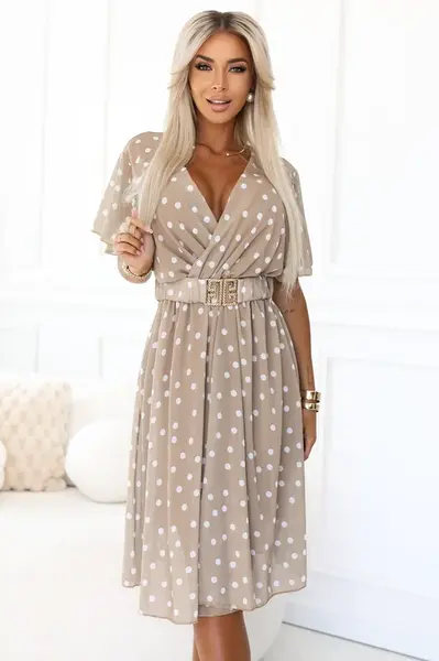 604-3 Sensual dress with white polka dots, a wrap neckline and a decorative belt - beige