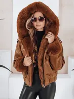 Dámská kožená bunda s hnědým kožešinovým lemem