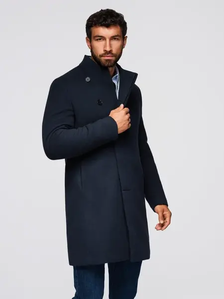 Ombre Men's coat with asymmetrical fastening and high collar - navy blue