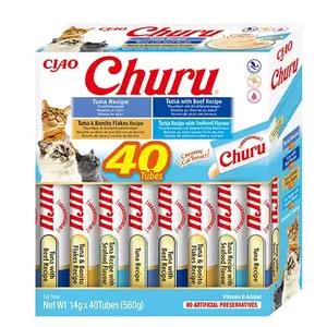 Inaba Cat Ciao Churu krémové krmivo pro kočky - výběr tuňáka (tuňák, hovězí maso, bonito, mořské plody) 40 x 14 g
