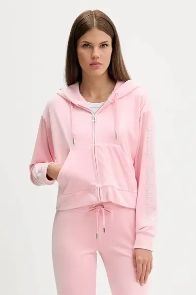 Velurová mikina Juicy Couture dámská, růžová barva, s kapucí, hladká, JCWAS225310