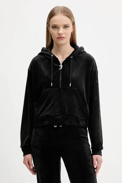 Velurová mikina Juicy Couture dámská, černá barva, s kapucí, hladká, JCWAS225310