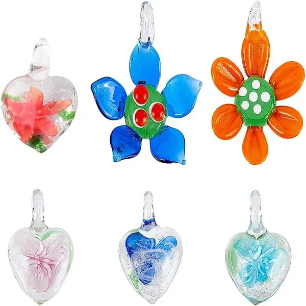 6Pcs 6 Style Handmade Luminous Lampwork Pendants