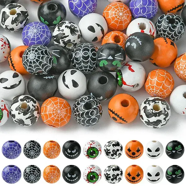 45Pcs 9 Colors Printed Round Wood European Beads