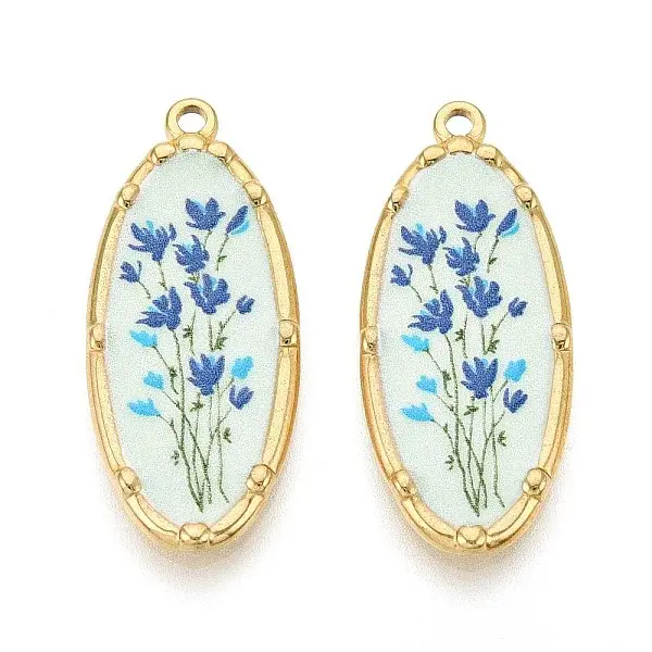 Printed Style 304 Stainless Steel Oval with Flower Pattern Pendants