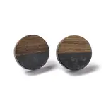 Resin & Walnut Wood Flat Round Stud Earrings with 304 Stainless Steel Pin for Women