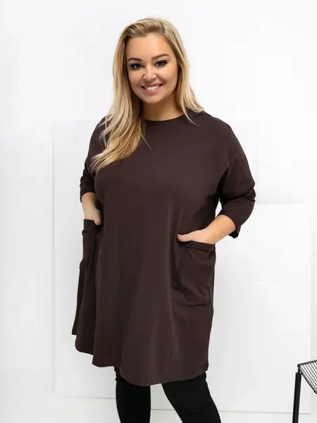 Tmavě hnědá plus size tunika s kapsami
