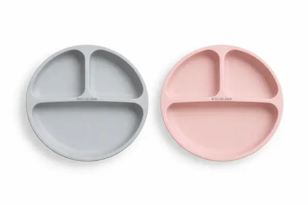 2x Silikónový tanier, trojkomorový - ružový, sivý