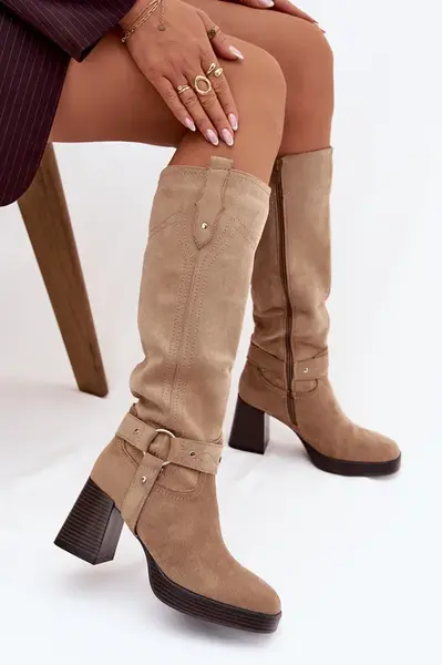 Boto Zateplené dámské kozačky na podpatku s prošitím béžové Alessara