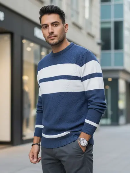 Pánský modro-bílý pruhovaný svetr