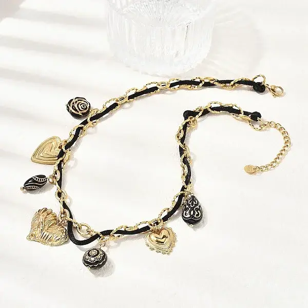 304 Stainless Steel Heart & Acrylic Black Flower Pendant Bib Necklaces for Women