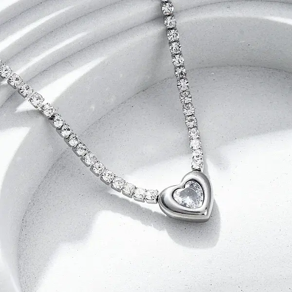 304 Stainless Steel Clear Cubic Zirconia Heart Pendant Necklaces for Women