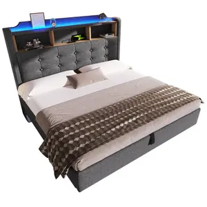 STILVORA ČALOUNĚNÁ POSTEL 140 × 200 cm, šedá, lněná, úložný prostor, LED, USB a Type-C