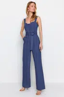 Trendyol Indigo Tie Detailed Wide Leg Maxi Woven Jumpsuit