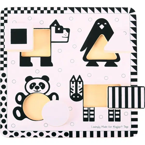 Bigjigs Toys Black & White Shape Puzzle aktivity vkládačka 10m+ 5 ks