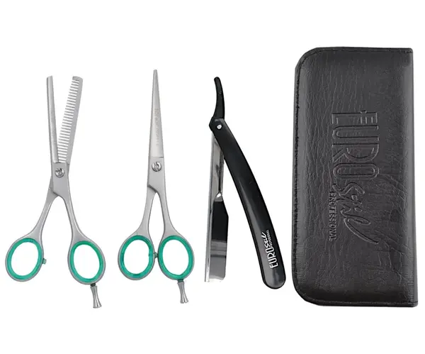 Sada profesionálnych kaderníckych 5,5" a efilačných nožníc 5,5" a britvy Eurostil Professional (03267) + darček zadarmo