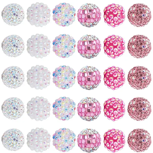 30Pcs 6 Style Polymer Clay Pave Rhinestone Beads