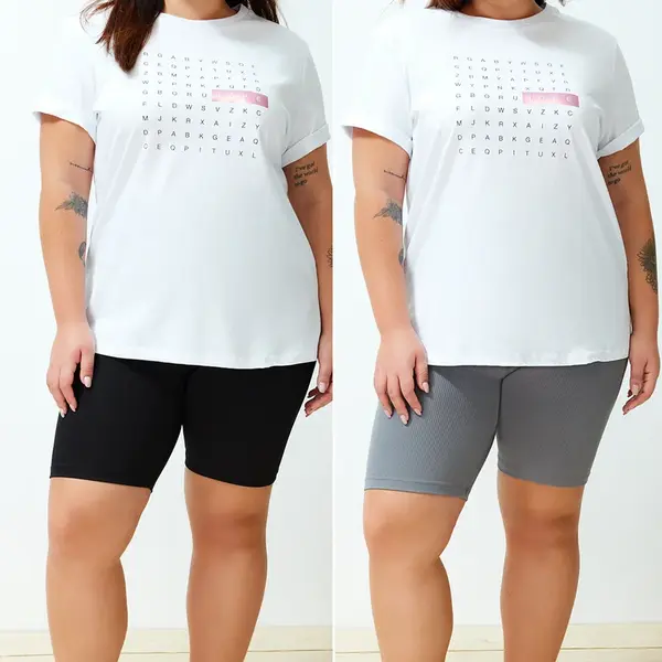 Trendyol Curve Black-Grey High Waist 2-Pack Biker Short Length Ribbed Knit Plus Size Leggings