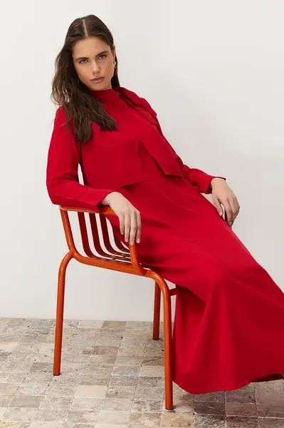 Trendyol Burgundy Collar Tie Detailed Woven Dress