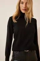 Štěstí İstanbul Dámský černý rolák Lehký pletený svetr s balónovým rukávem